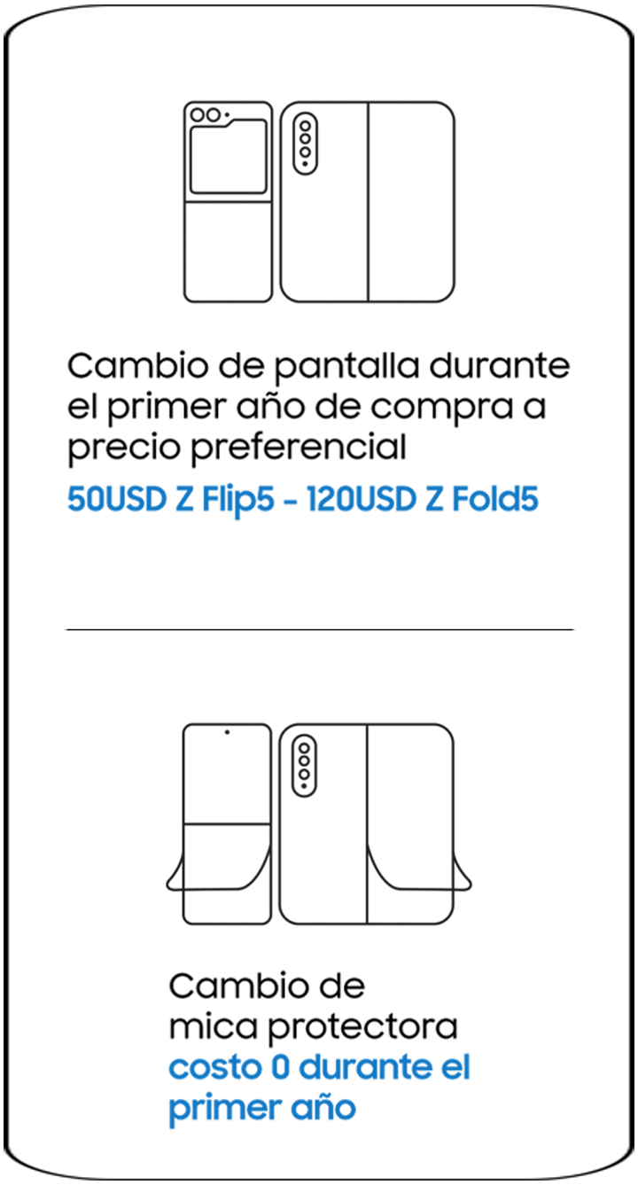 Precios de cambio de pantalla; durante el primer año, Galaxy Z Fold4: 120$, Galaxy Z Flip4: 50$. Cambio Film de pantalla no tiene costo.